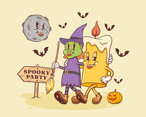 Halloween Groovy Witch with Broom and Candle Retro Characters. Cartoon Pumpkin Jack Lantern Helloween. Vector Autumn Holiday Moon Mascot Template. Happy Vintage Cool Illustration Isolated