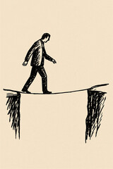 a solitary figure walking along a thin tightrope stretched between two cliffs