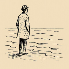 a solitary figure standing under an umbrella on an empty street, light rain falling around