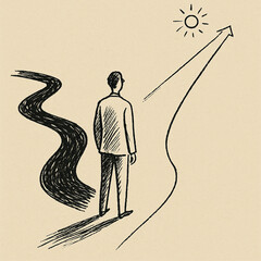 a human figure standing at a crossroads. One path is dark and winding, the other is bright and upward-sloping