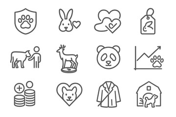 Animal Welfare Icons. Line style icons of animal welfare investing: animal protection badge, cruelty-free product, ethical meat