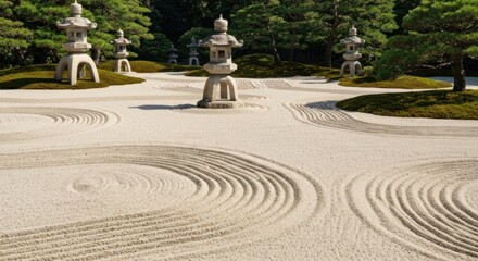 Zen garden with intricate sand patterns, stone lanterns