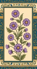 Traditional Mughal Floral Painting of Purple Flowers in Decorative Frame on Beige Background