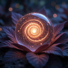 Glowing cosmic crystal orb with galaxy inside, resting on purple leaves, dreamy fantasy light
