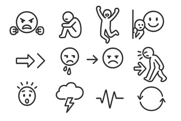 Emotion Icon Set. Line style icons of emotion-behavior links: angry face with fists, sadness with withdrawal, excitement and