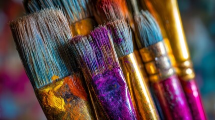 A Close-Up of Vibrantly Colored Paintbrushes Reflecting the Creative Spirit of Artistry and Craftsmanship in Colorful Strokes and Textures