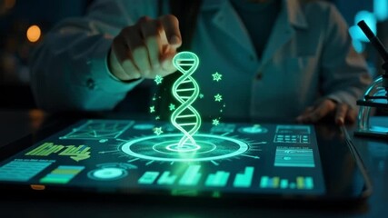 Scientist interacts with glowing DNA hologram on futuristic interface - Powered by Adobe
