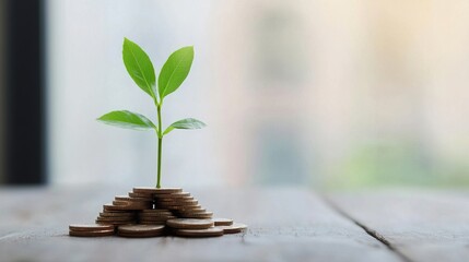 Small plant sprouting from a pile of coins, symbolizing sustainable investment, green growth,  