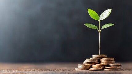Small plant sprouting from a pile of coins, symbolizing sustainable investment, green growth, 