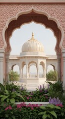 View Through Archway of Beautiful Indian Mughal Architecture and Lush Garden Landscape