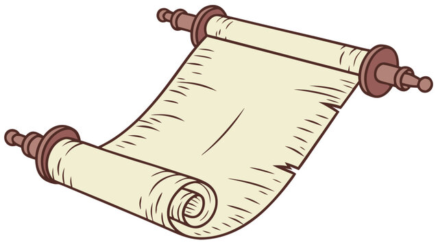 vintage parchment scroll with wooden rollers and aged paper texture for medieval historical document design and decoration isolated on white background.