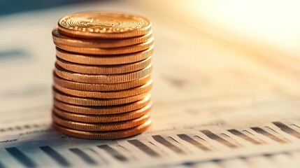 Stack of ascending coins on a blurred financial document background, symbolizing increasing savings, 