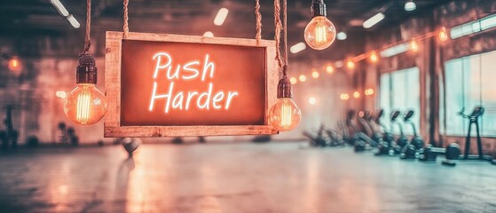 Fitness Area with Exercise Equipment and Glowing Lights Displaying Push Harder Message for Health