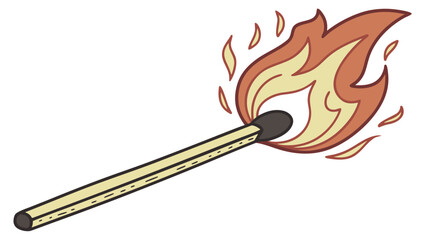 wooden matchstick burning flame orange red yellow fire illustration cartoon style isolated on white background.