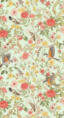 Vintage Floral Pattern with Birds and Feathers Seamless Background for Textile Design
