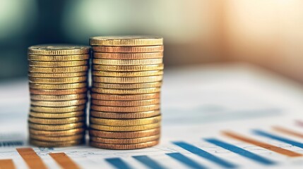 Stack of ascending coins on a financial document, symbolizing growth, clean, clear, 
