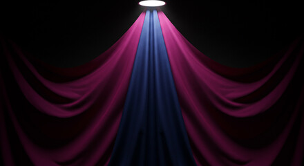 Dramatic spotlight illuminates draped magenta and blue fabric against a dark background