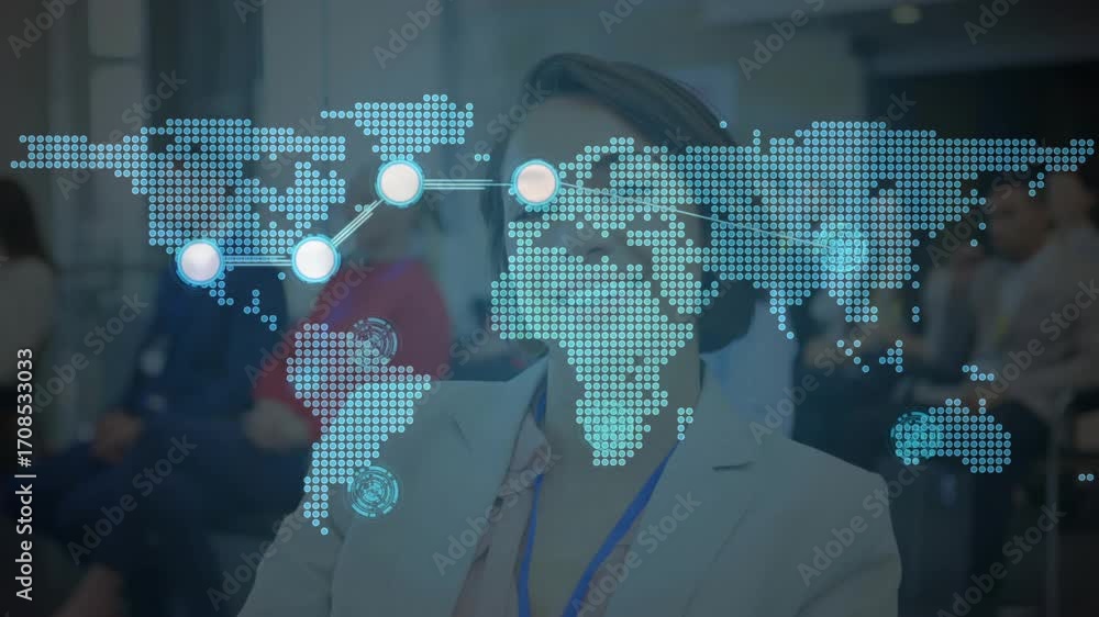 Poster Attendee watching slide changing at business meeting with transparent overlay showing nodes linking