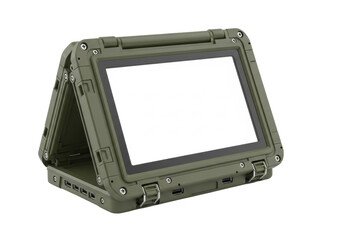A rugged, heavy-duty military clamshell computer, closed, olive drab green, reinforced, sealed ports, blank screen, on transparent studio background with high-key lighting, concept of robust military