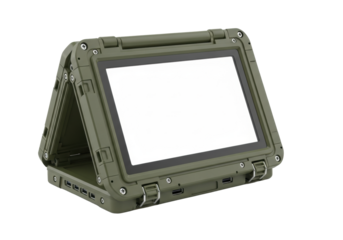 A rugged, heavy-duty military clamshell computer, closed, olive drab green, reinforced, sealed ports, blank screen, on transparent studio background with high-key lighting, concept of robust military