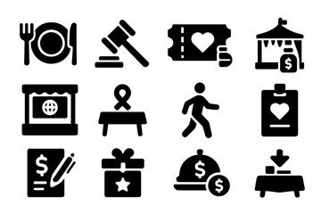 Event Donation Icons. Solid style icons of event-based donations: fundraiser dinner plate, charity auction gavel, ticket with