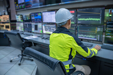 Engineer working at control room, Manager control system, Technician man monitoring program from a lot of monitor.Specialist observes analytics dashboard,operator inspects digital interface