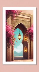 Beautiful Archway with Hanging Lanterns and Bougainvillea Flowers Middle Eastern Architecture