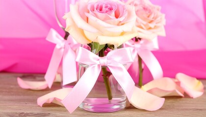 Two light pink roses in small glass vases, tied with pink ribbons, on a wooden surface with pink backdrop