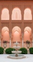 Beautiful Moorish Architecture Courtyard with Fountain and Pink Lighting Elegant Design