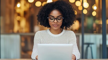 Woman confidently managing her online banking on a laptop at a cafe, relaxed, independent finance, 