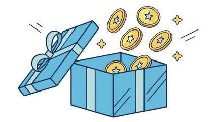  open gift box with golden coins floating out and blue ribbon illustration design and isolated on white background.