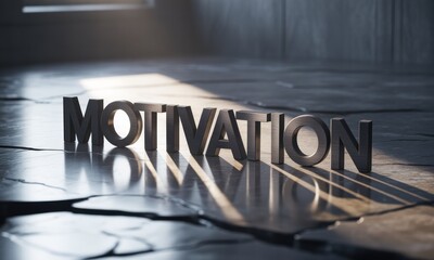 Dark, metallic letters spelling "Motivation" sit on a cracked stone surface, bathed in sunlight streaming through a window