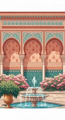 Beautiful Moorish Courtyard with Fountain and Lush Plants Elegant Architectural Design