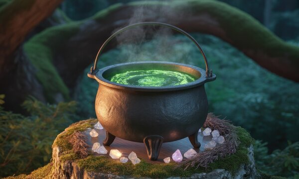Dark cauldron, steaming with glowing green liquid, nestled in a mystical forest setting - Powered by Adobe