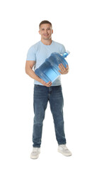 Smiling delivery man with cooler bottle of water on white background
