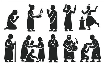 Ancient Temple Worship Icons. Solid style icons of ancient temple worshipers: kneeling figure, incense carrier, hand raised in