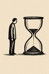 a solitary figure standing beside a huge hourglass almost empty of sand