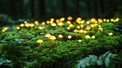 Illuminated mushrooms in a mystical forest glade