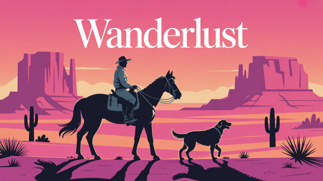 Western landscape art print featuring cowboy on horse with dog in desert wanderlust scenic illustration