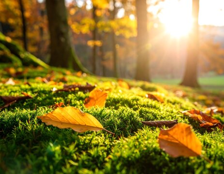 Golden autumn leaves on mossy forest floor - Powered by Adobe