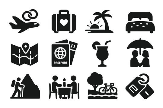 Honeymoon Travel Icons. Solid style icons of honeymoon and travel: airplane with rings, suitcase with heart, beach sunset, hotel
