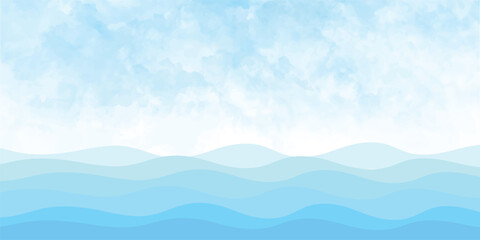 Abstract blue ocean waves background with soft gradients and layered waves. Perfect for summer, travel, or marine-themed design projects.	
