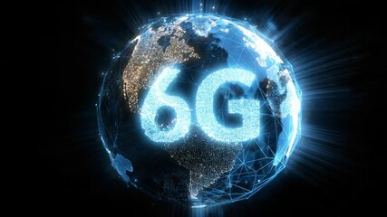 6G and Global Connection: A luminous and futuristic 6G symbol pulses vibrantly at the center of a digital Earth, highlighting the concept of global connectivity and advanced communication technology. - Powered by Adobe