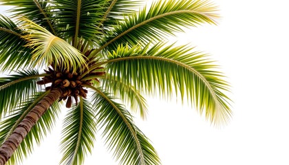 Obraz premium Coconut tree with green leaf pattern, isolated on left, ample blank space on right for copy, clear subject positioning for photo.