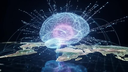 Futuristic representation of a glowing brain interconnected with digital networks over a world map - Powered by Adobe