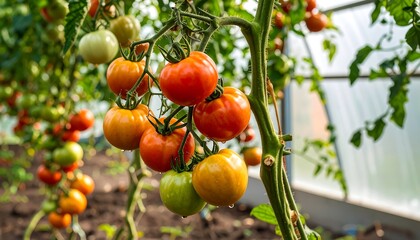 Ripe Red and Orange Tomatoes Growing on Vine in Greenhouse