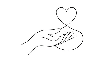 Minimalist line art hand holding heart symbolizing love and support