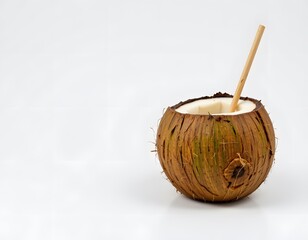 Fototapeta premium Open fresh coconut with straw on the right, ample blank space on the left, clean white background, centered subject, high clarity.