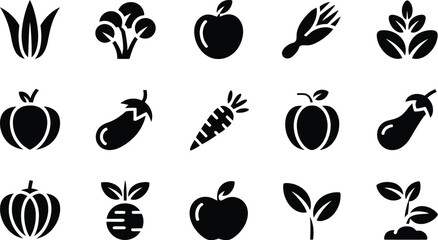 Collection of simple black icons representing healthy fresh vegetables and fruits