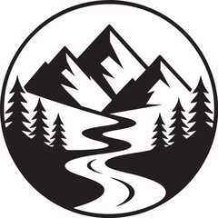 Mountain River and Forest Landscape in a Circular Frame

